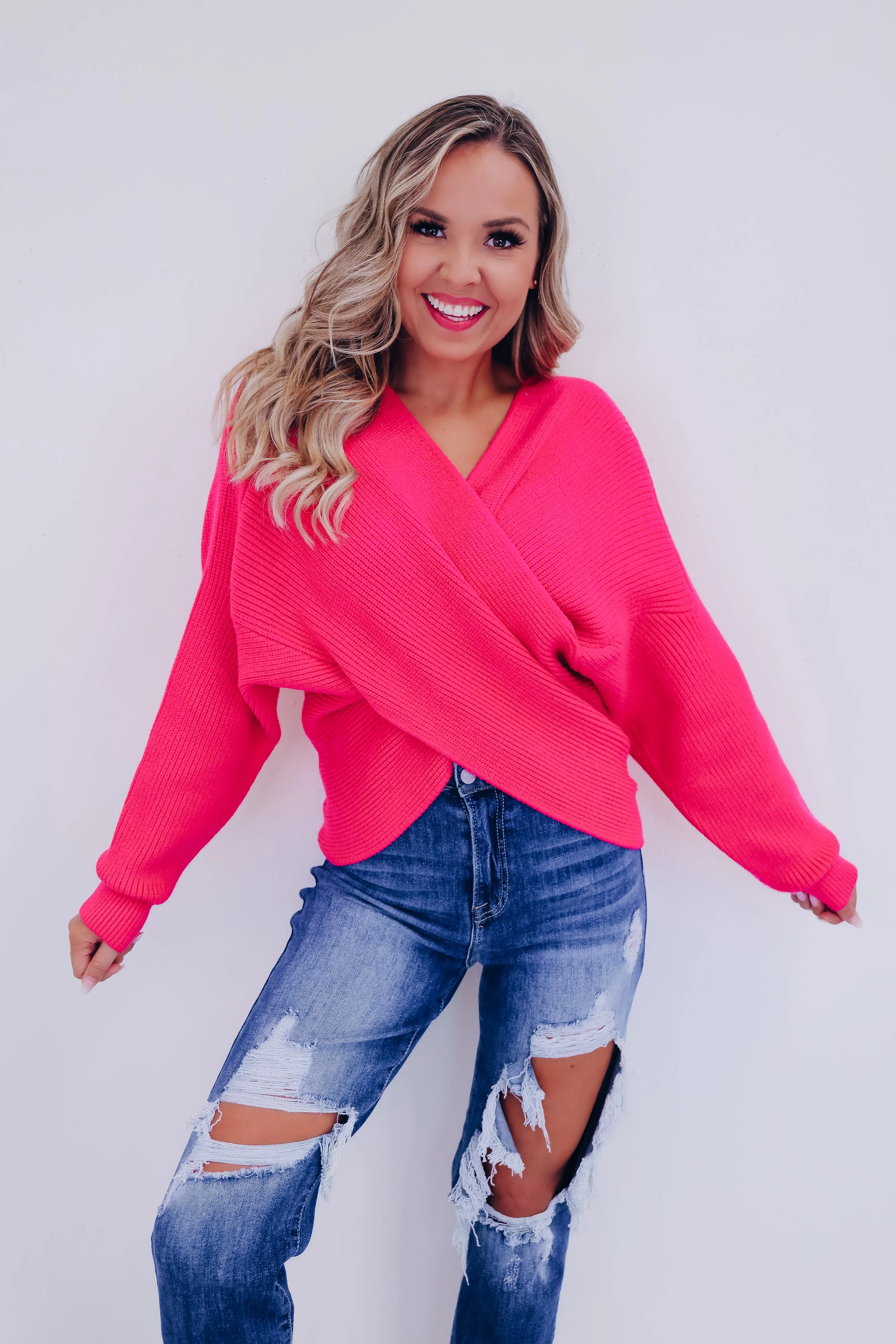 Kerry Crossover Dolman Sleeve Sweater - Pink