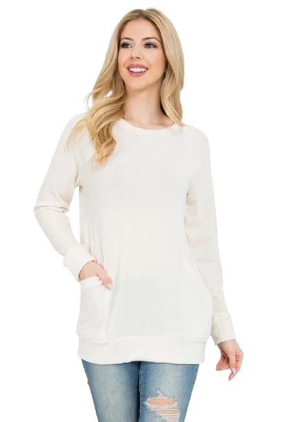 Knit Front Pocket Long Sleeve Top Beige - Pack of 4