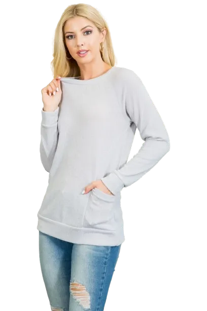 Knit Front Pocket Long Sleeve Top Light Green - Pack of 4