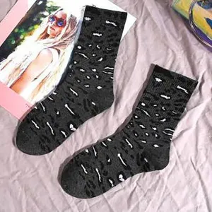 Leopard Print Crew Sock - Grey