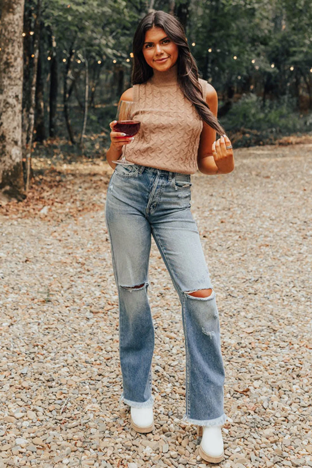 Light French Beige Cable Knit Turtleneck Sleeveless Sweater Top