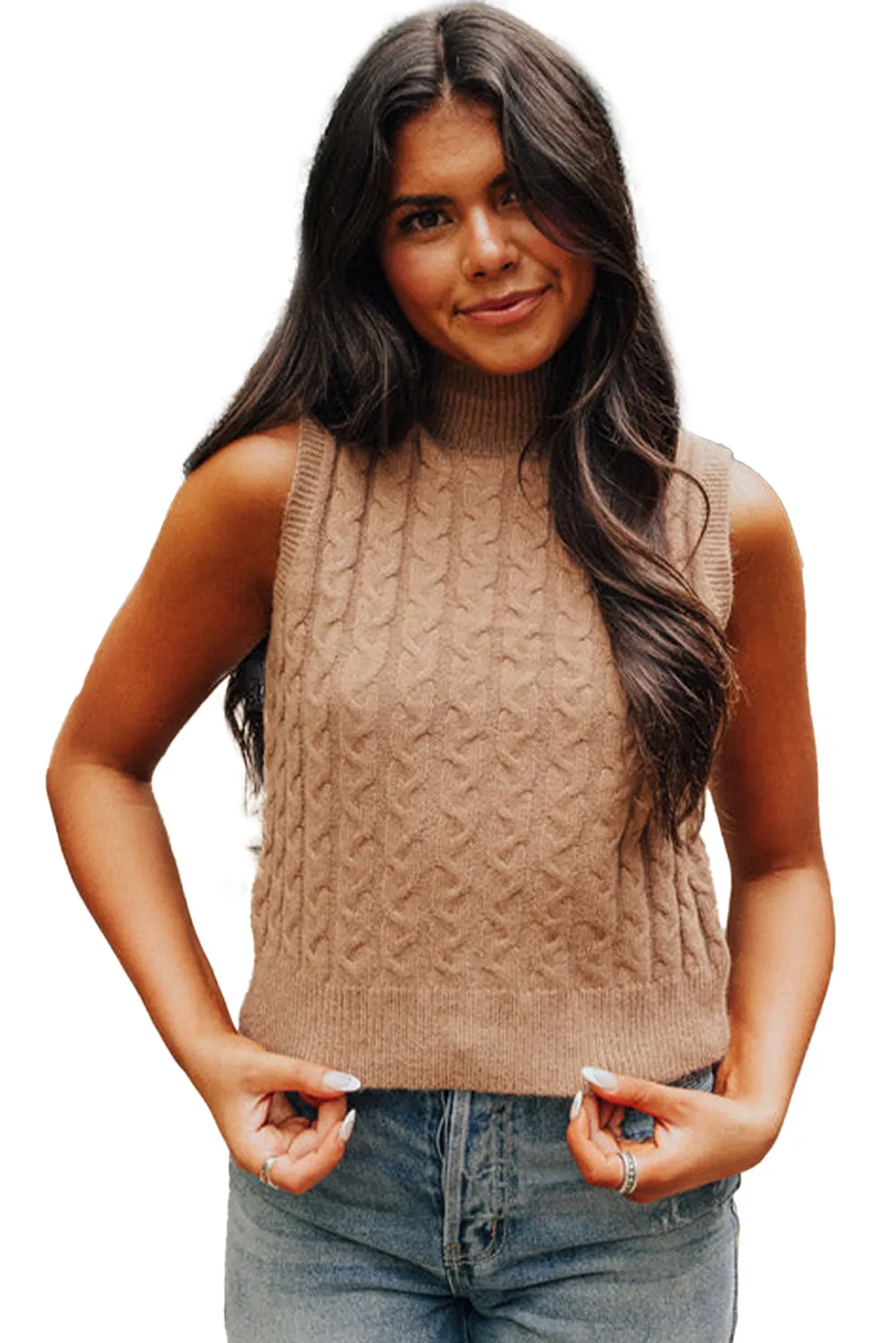 Light French Beige Cable Knit Turtleneck Sleeveless Sweater Top