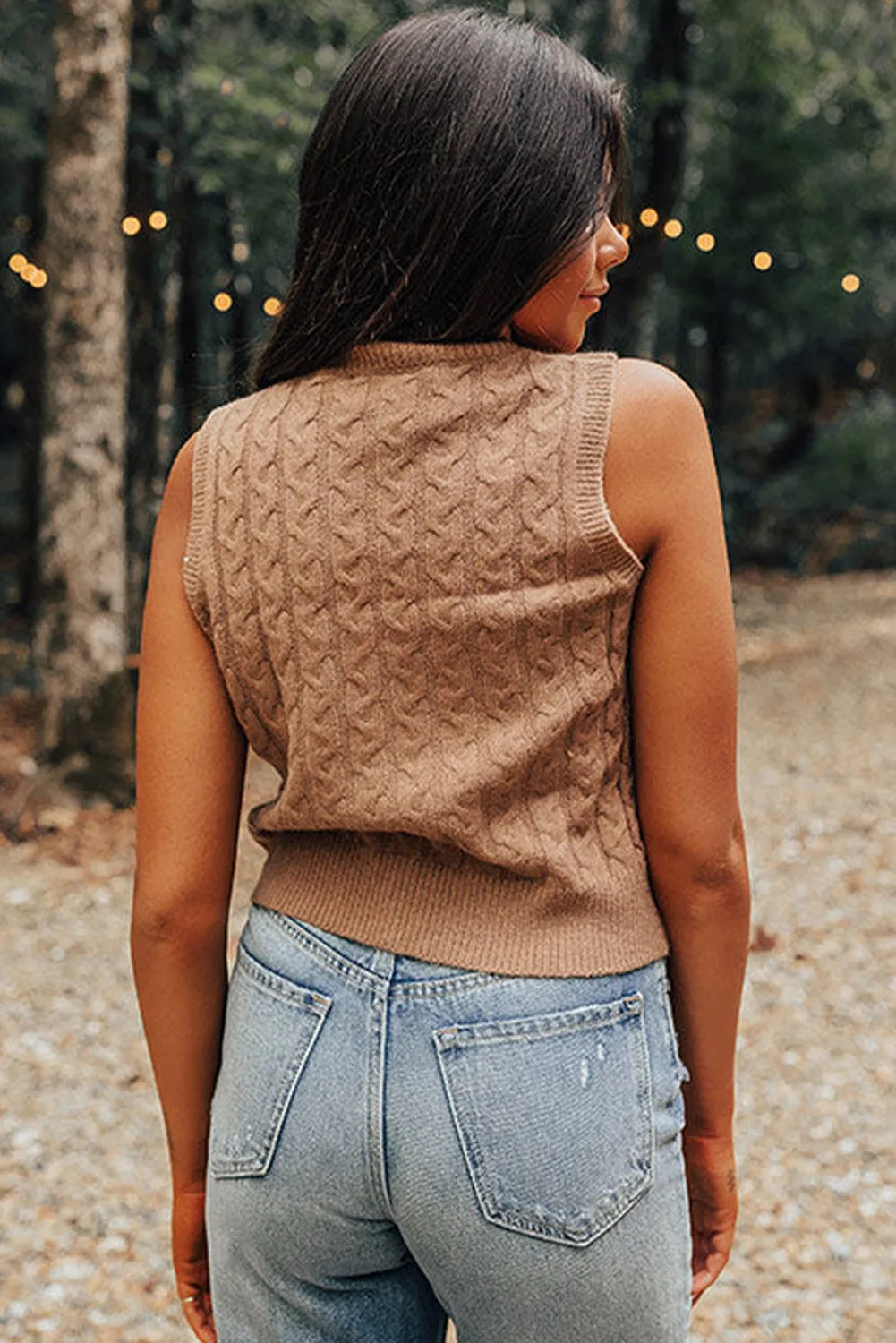 Light French Beige Cable Knit Turtleneck Sleeveless Sweater Top