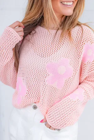 Light Pink Big Flower Hollowed Knit Drop Shoulder Sweater