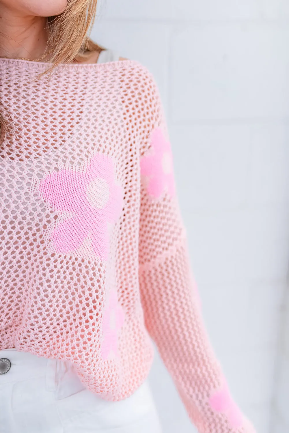Light Pink Big Flower Hollowed Knit Drop Shoulder Sweater