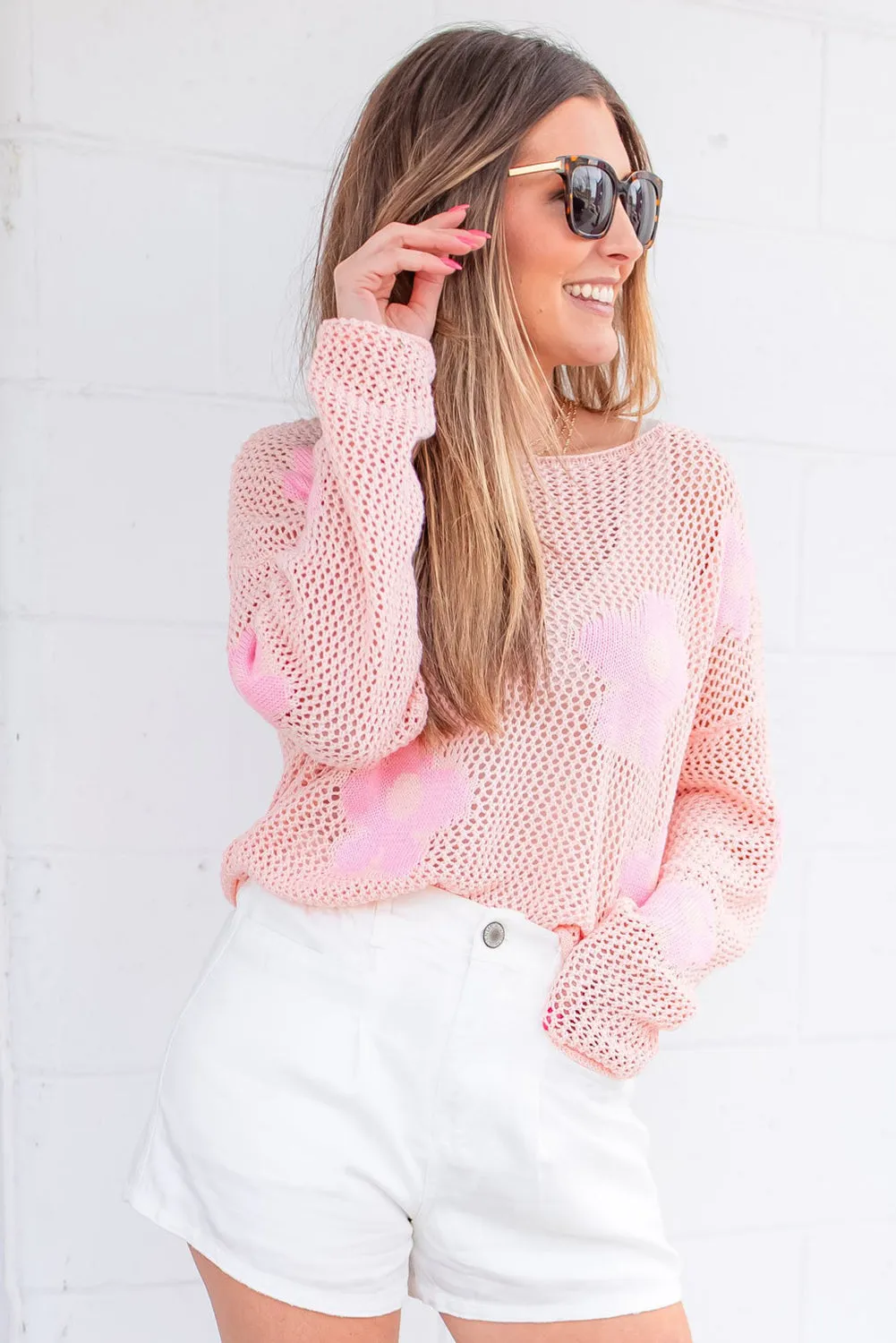 Light Pink Big Flower Hollowed Knit Drop Shoulder Sweater