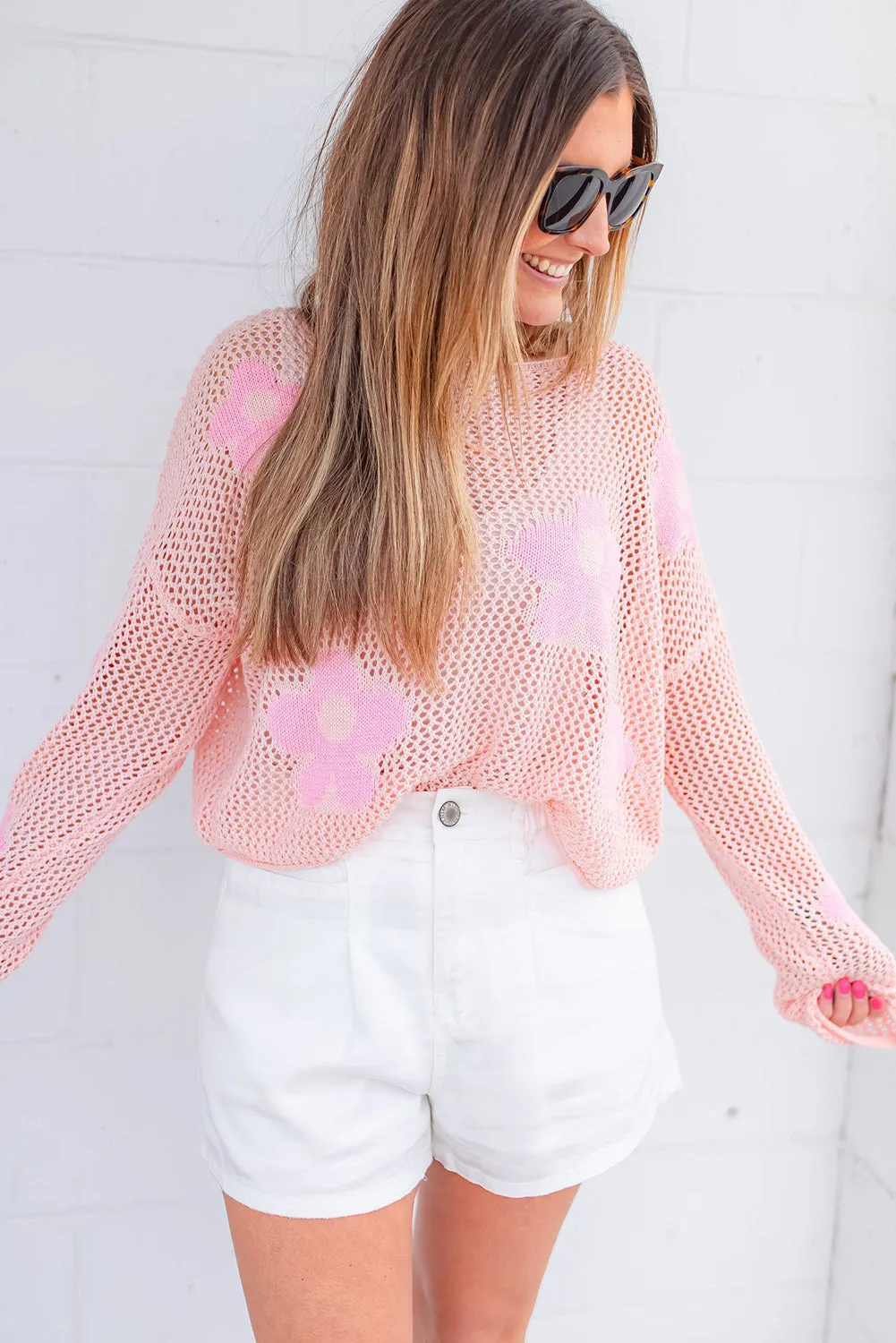 Light Pink Big Flower Hollowed Knit Drop Shoulder Sweater