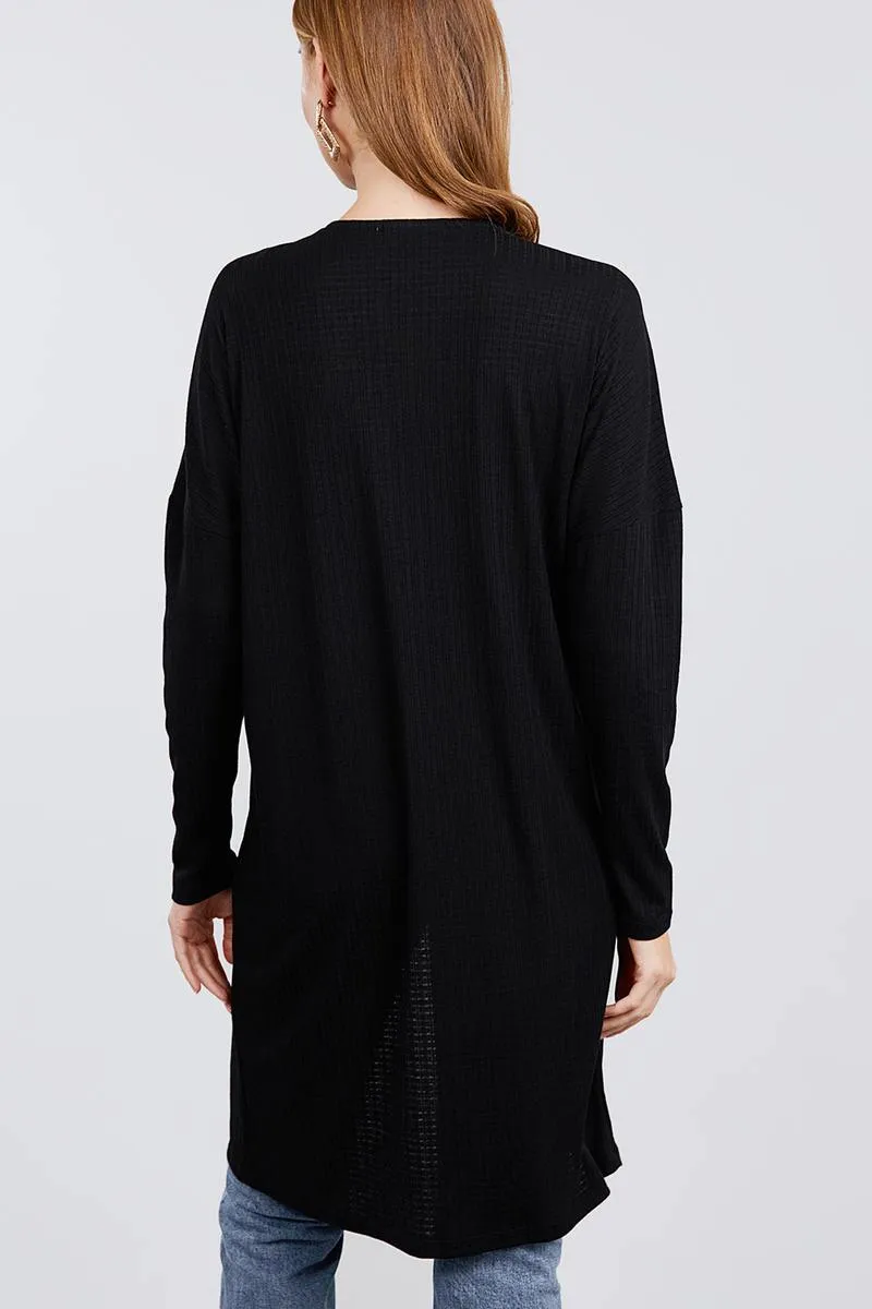 Long Dolman Sleeve Open Front W/pocket Pointelle Rib Long Cardigan