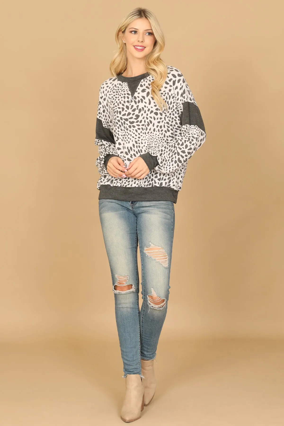 LONG PUFF SLEEVE PRINTED TOP