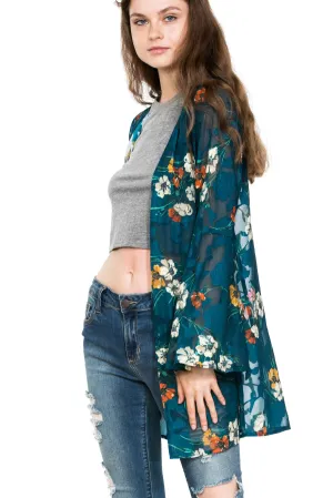 Long Sleeve Floral Burnout Kimono