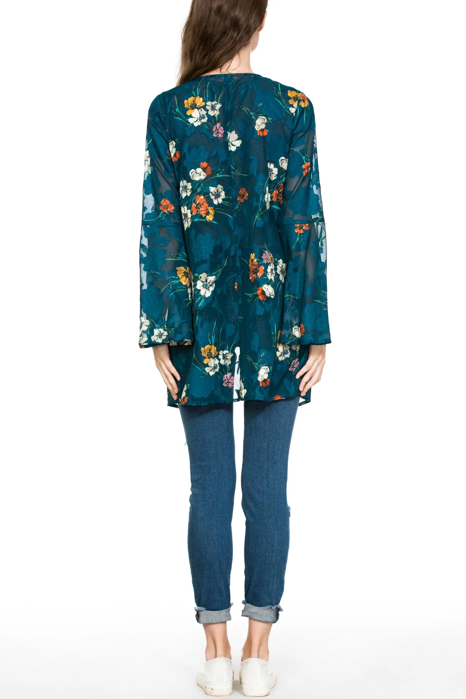 Long Sleeve Floral Burnout Kimono