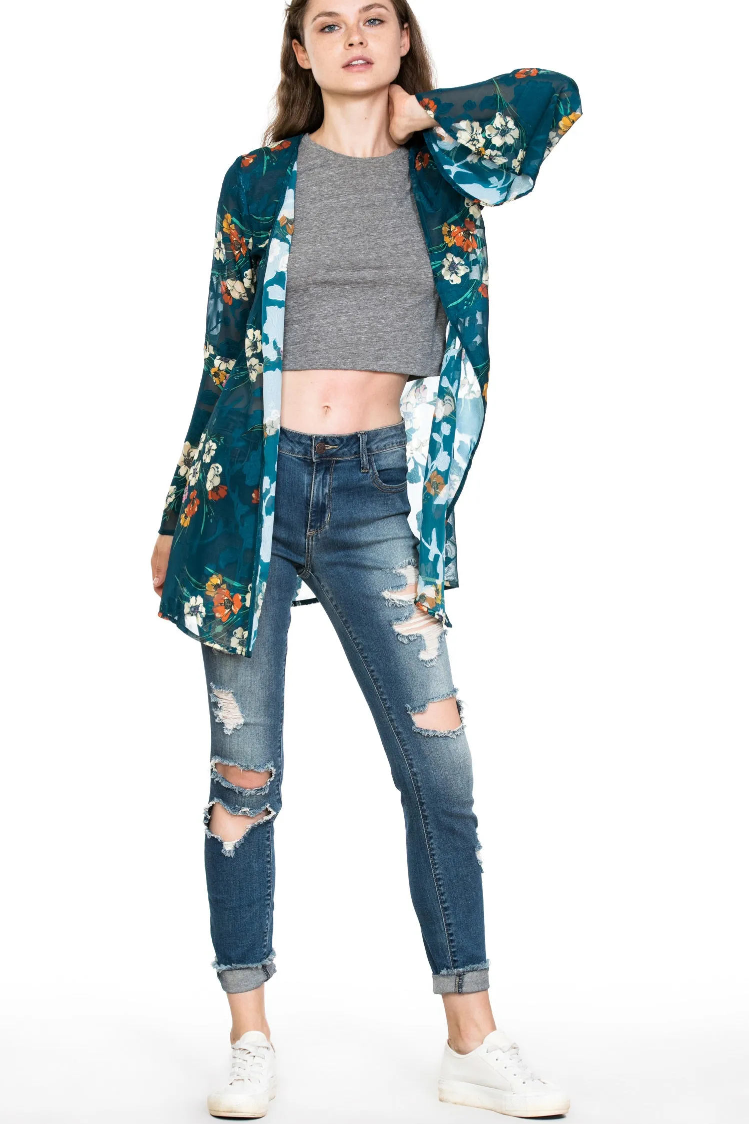 Long Sleeve Floral Burnout Kimono