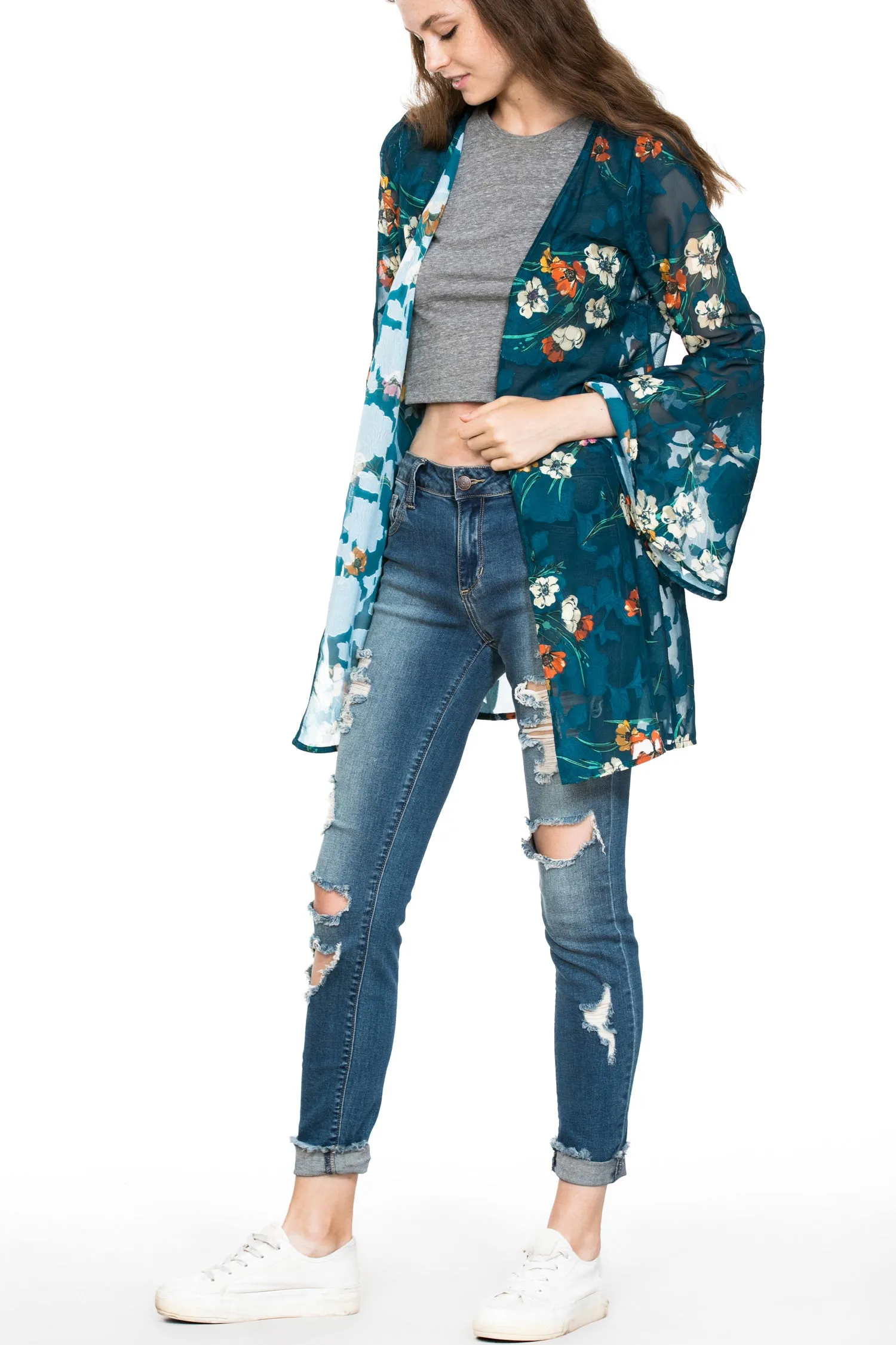 Long Sleeve Floral Burnout Kimono