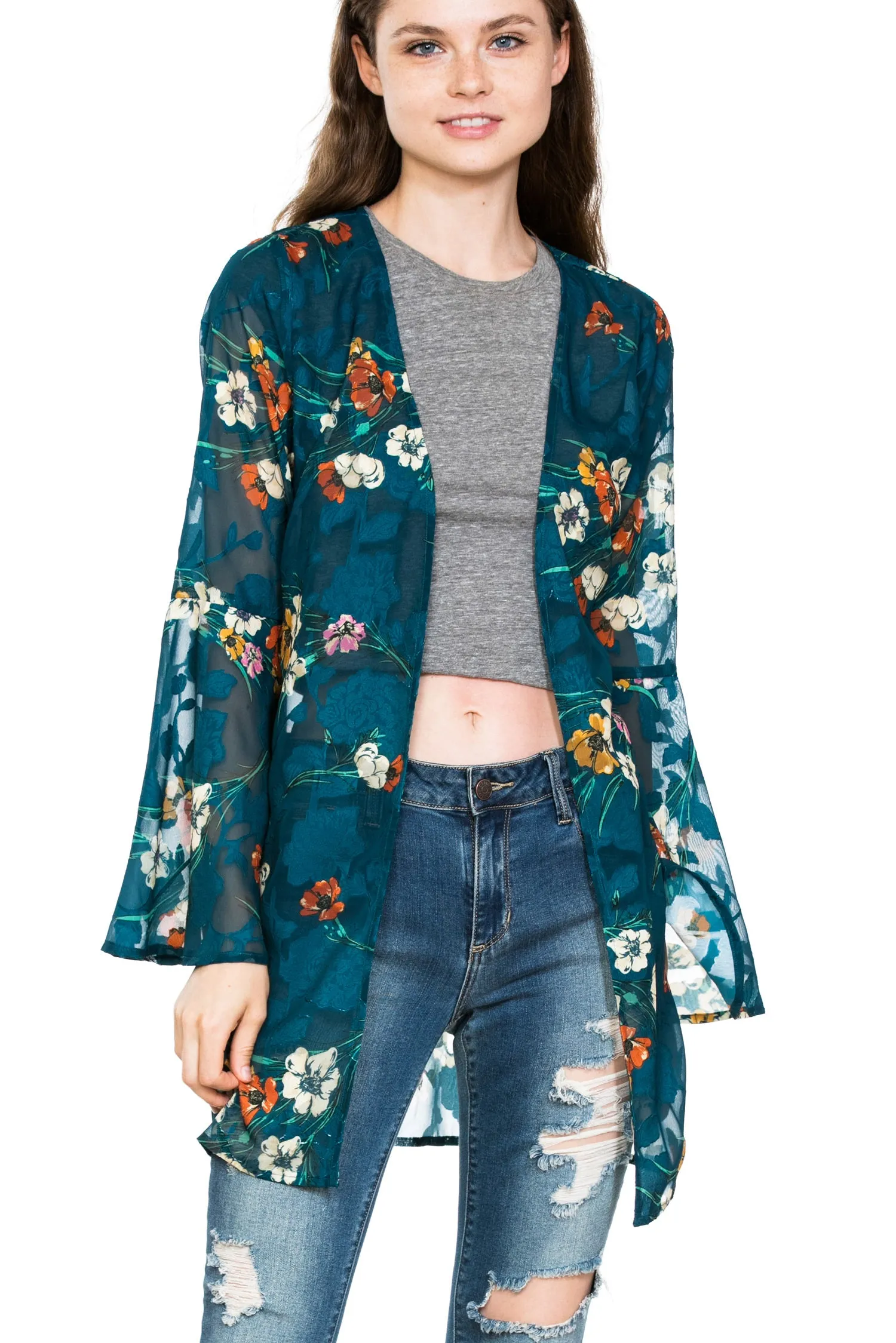 Long Sleeve Floral Burnout Kimono