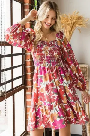 Long Sleeve Floral Print Smocked Square Neckline Dress
