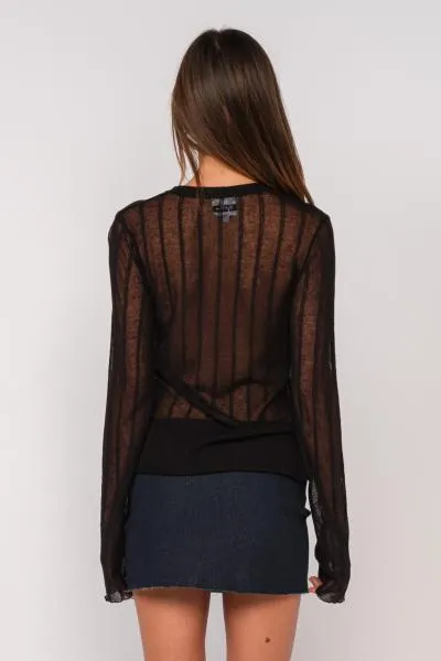 Long Sleeve Sheer Stripe Sweater - Black -
