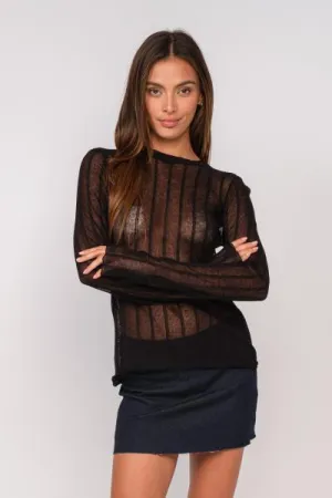 Long Sleeve Sheer Stripe Sweater - Black -