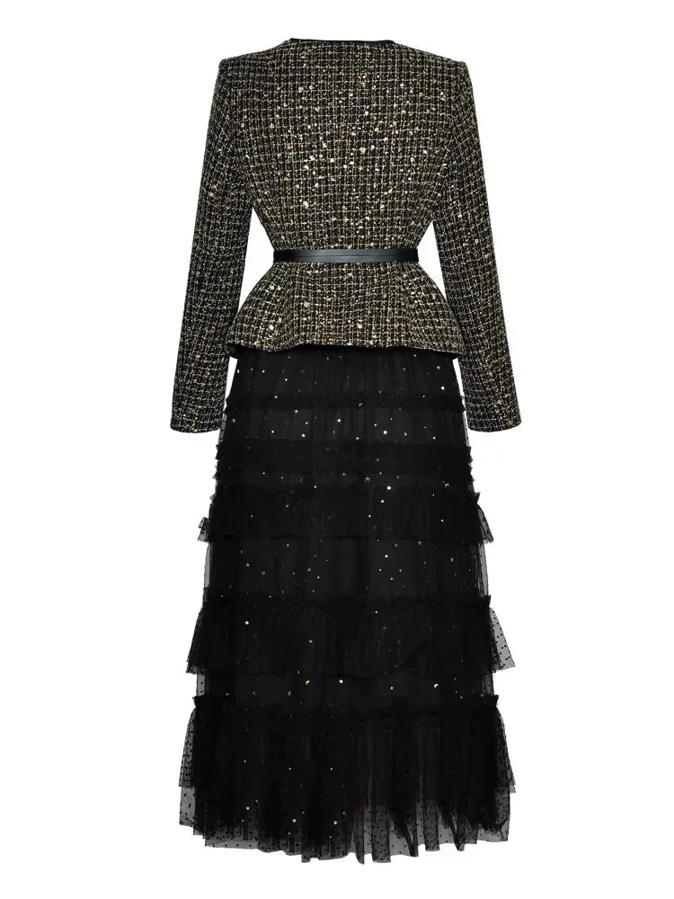 Louisa Single Breasted Lace-Up Coat    Mesh Ruffle Long Skirt Office Lady Two Piece Set