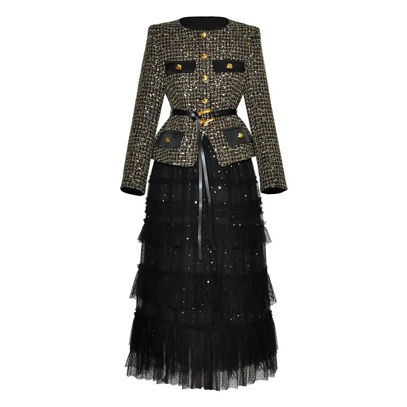 Louisa Single Breasted Lace-Up Coat    Mesh Ruffle Long Skirt Office Lady Two Piece Set