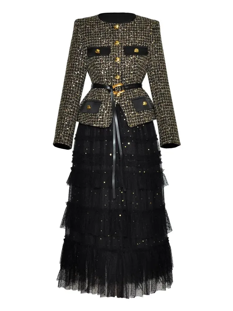 Louisa Single Breasted Lace-Up Coat    Mesh Ruffle Long Skirt Office Lady Two Piece Set