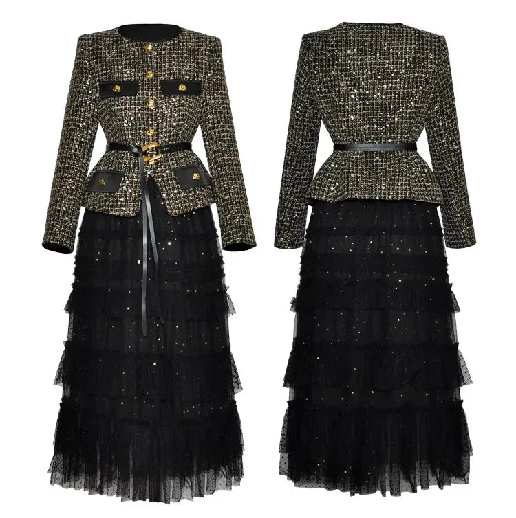 Louisa Single Breasted Lace-Up Coat    Mesh Ruffle Long Skirt Office Lady Two Piece Set