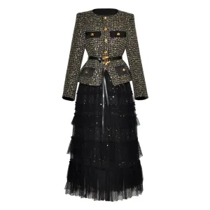 Louisa Single Breasted Lace-Up Coat    Mesh Ruffle Long Skirt Office Lady Two Piece Set