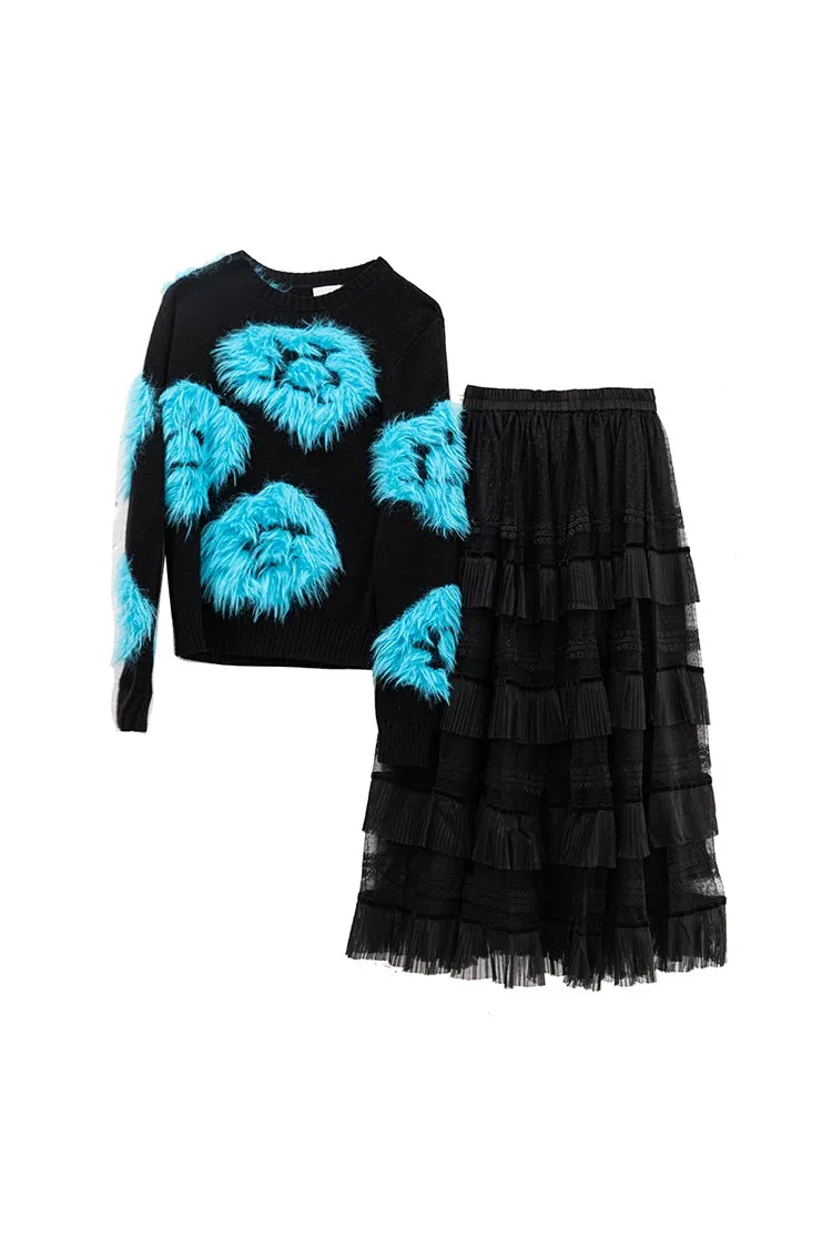 Luella Skirt Set Women Elastic Knitting Sweater Tassels Spliced Skirt 2 Pieces Set