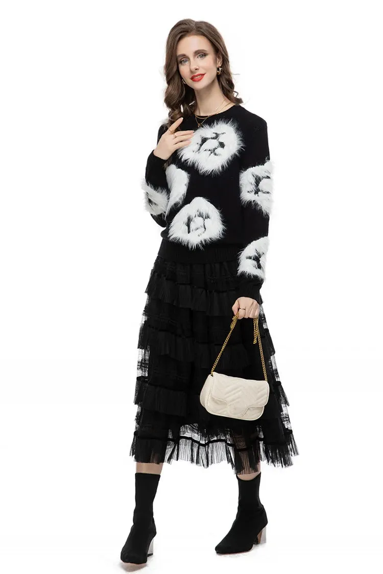 Luella Skirt Set Women Elastic Knitting Sweater Tassels Spliced Skirt 2 Pieces Set