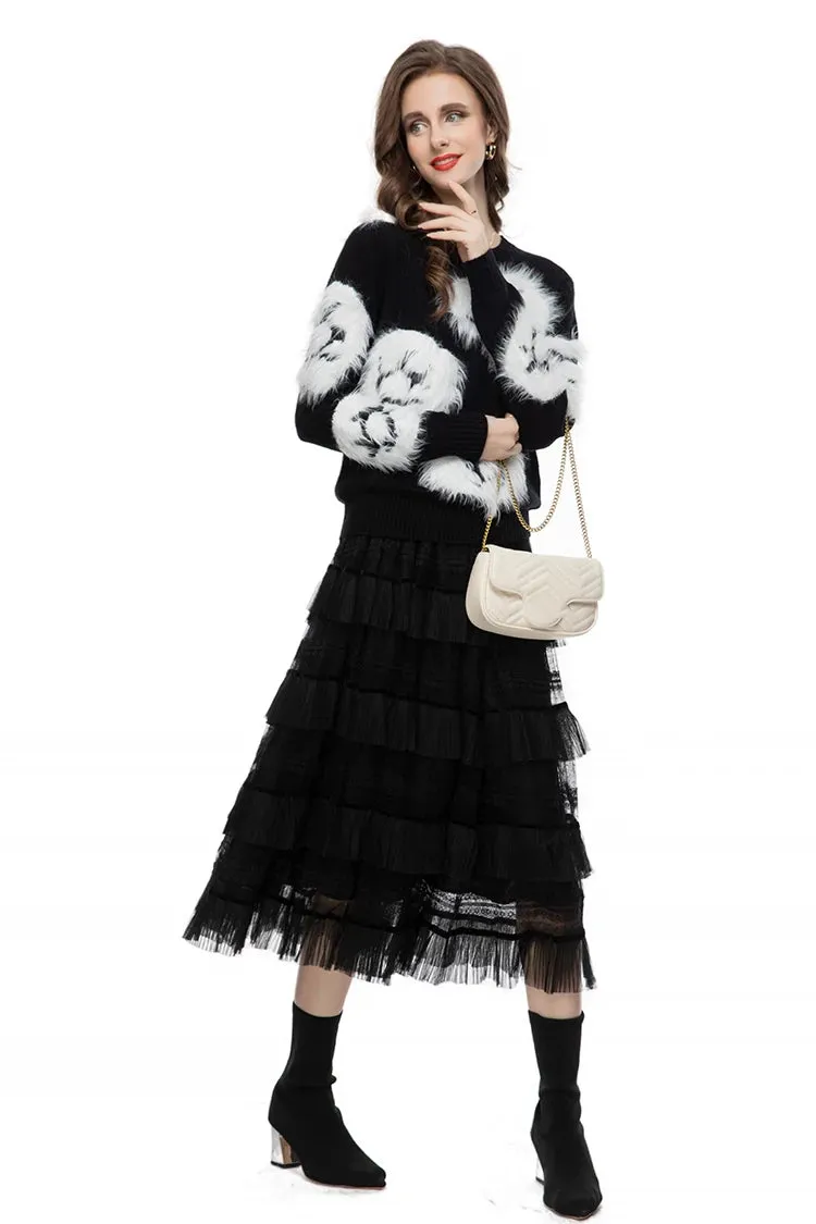 Luella Skirt Set Women Elastic Knitting Sweater Tassels Spliced Skirt 2 Pieces Set