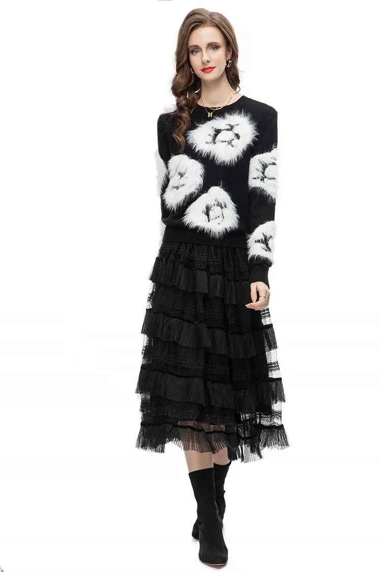 Luella Skirt Set Women Elastic Knitting Sweater Tassels Spliced Skirt 2 Pieces Set