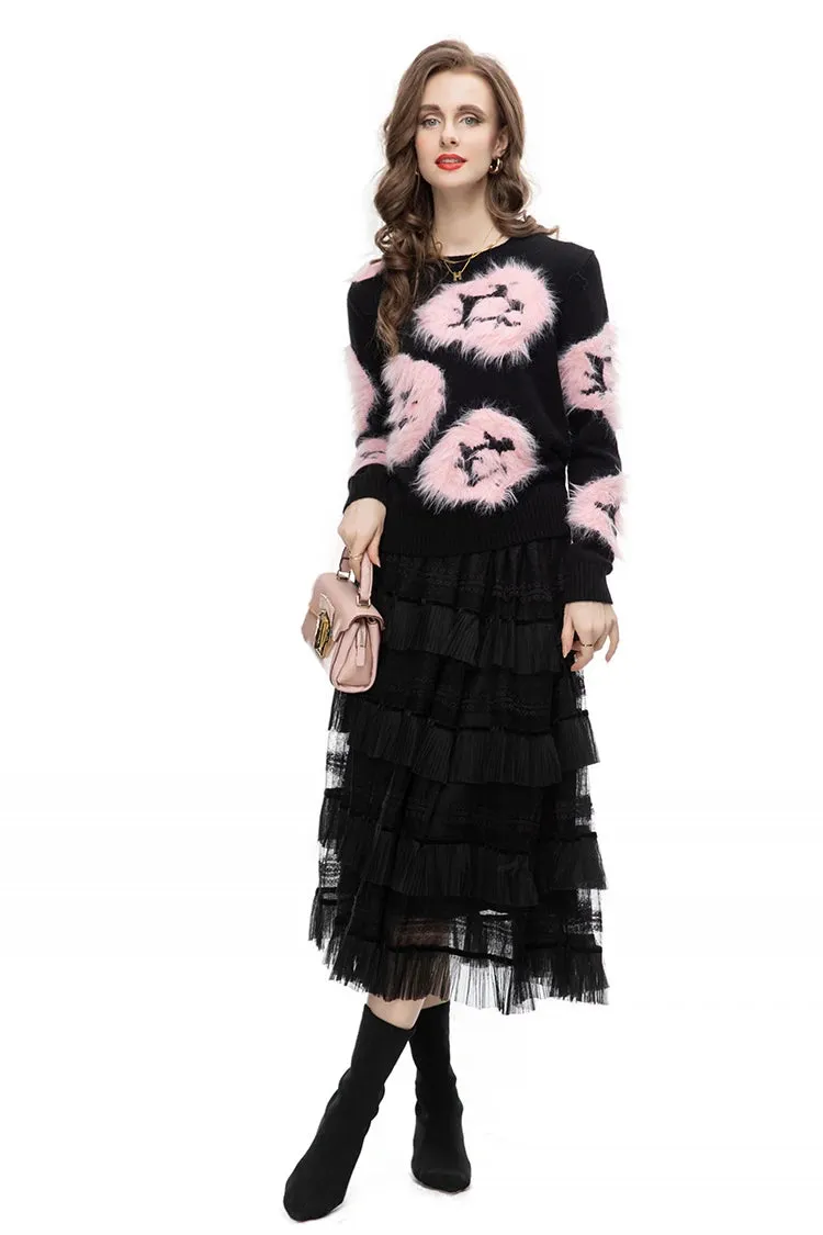 Luella Skirt Set Women Elastic Knitting Sweater Tassels Spliced Skirt 2 Pieces Set