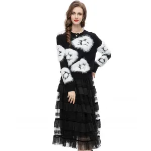 Luella Skirt Set Women Elastic Knitting Sweater Tassels Spliced Skirt 2 Pieces Set