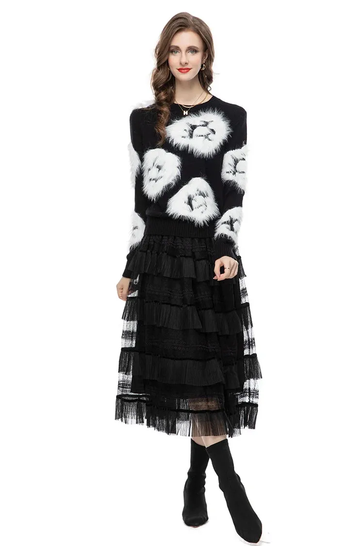 Luella Skirt Set Women Elastic Knitting Sweater Tassels Spliced Skirt 2 Pieces Set