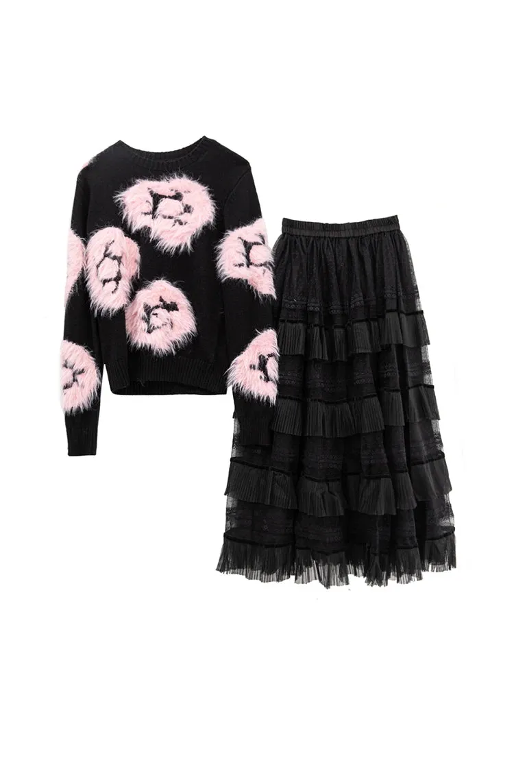 Luella Skirt Set Women Elastic Knitting Sweater Tassels Spliced Skirt 2 Pieces Set