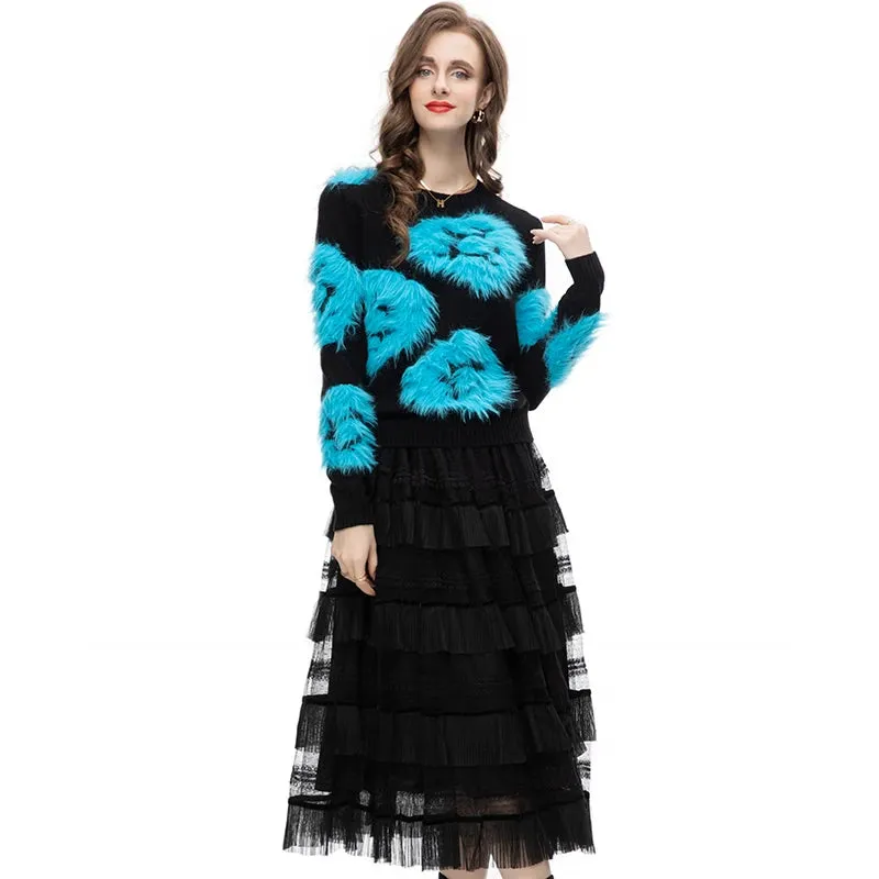Luella Skirt Set Women Elastic Knitting Sweater Tassels Spliced Skirt 2 Pieces Set