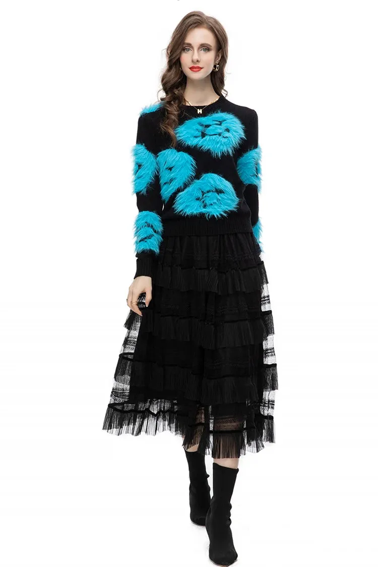 Luella Skirt Set Women Elastic Knitting Sweater Tassels Spliced Skirt 2 Pieces Set