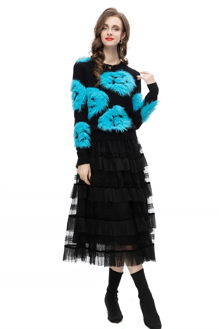 Luella Skirt Set Women Elastic Knitting Sweater Tassels Spliced Skirt 2 Pieces Set