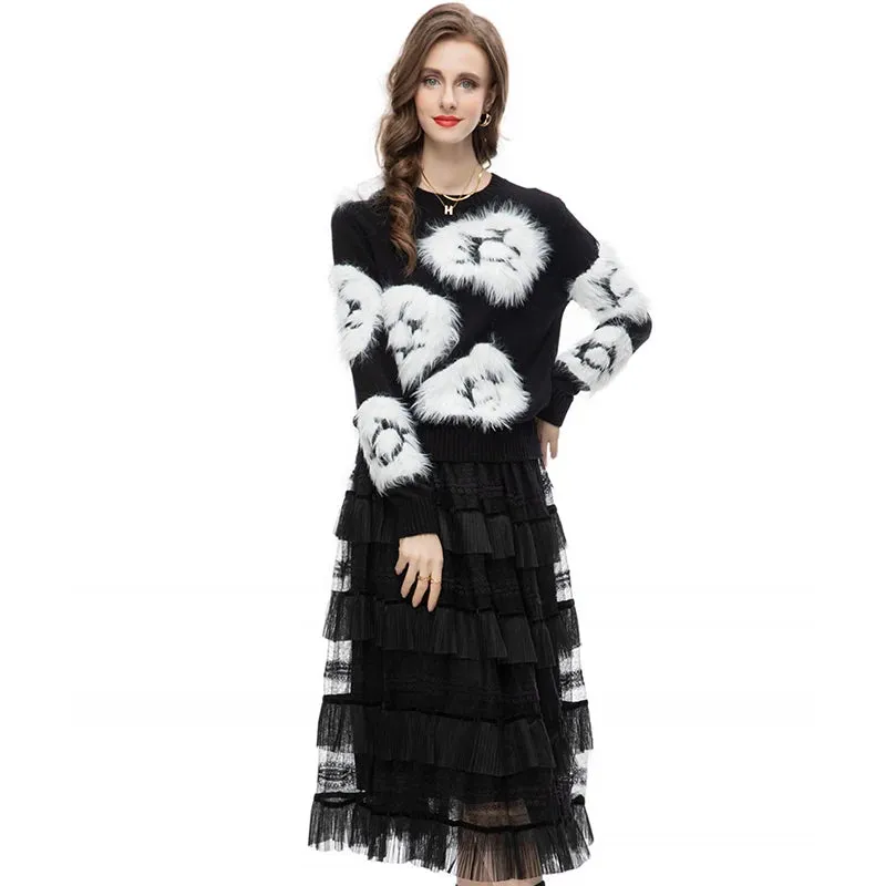 Luella Skirt Set Women Elastic Knitting Sweater Tassels Spliced Skirt 2 Pieces Set
