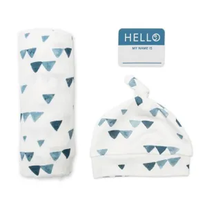 Lulujo Hello World Hat & Swaddle Sets - Navy Triangles