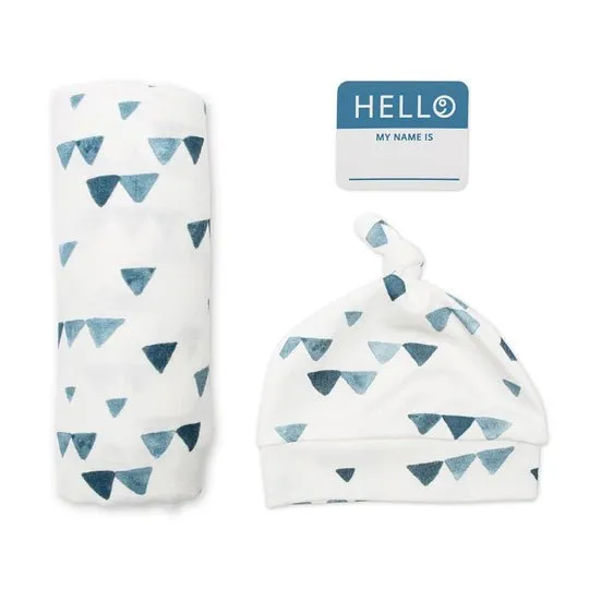Lulujo Hello World Hat & Swaddle Sets - Navy Triangles