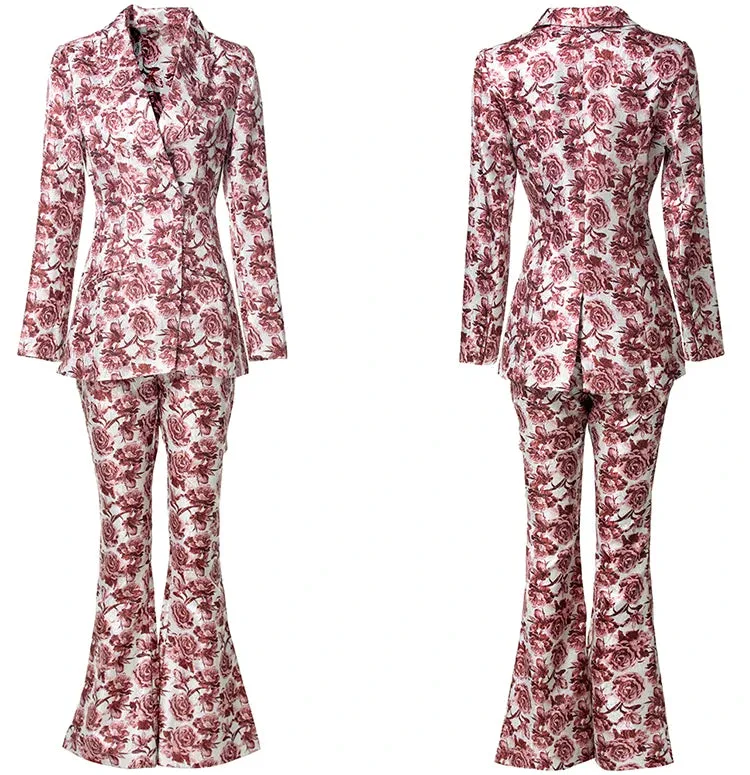 Luna Notched Long Sleeve Coat   Flare Pants Rose Print Office Lady 2 piece Set