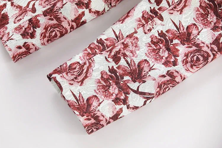 Luna Notched Long Sleeve Coat   Flare Pants Rose Print Office Lady 2 piece Set