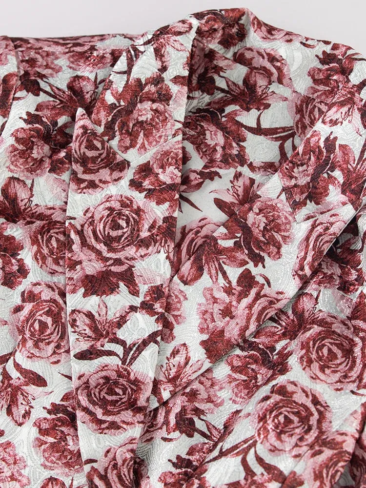Luna Notched Long Sleeve Coat   Flare Pants Rose Print Office Lady 2 piece Set