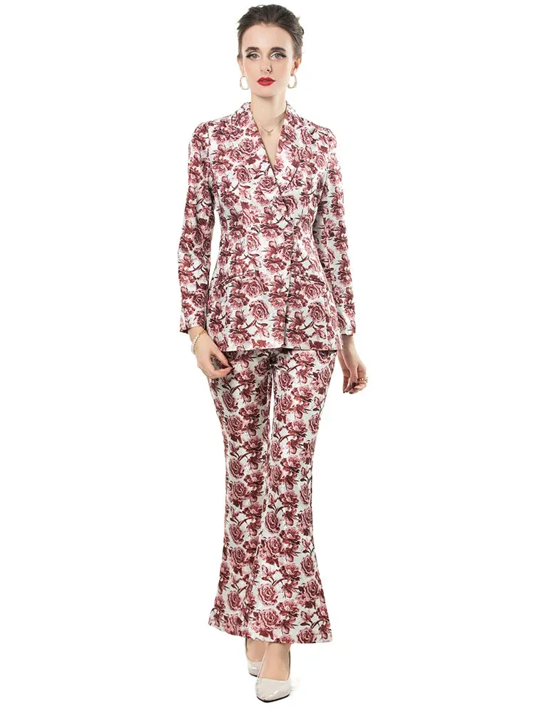 Luna Notched Long Sleeve Coat   Flare Pants Rose Print Office Lady 2 piece Set