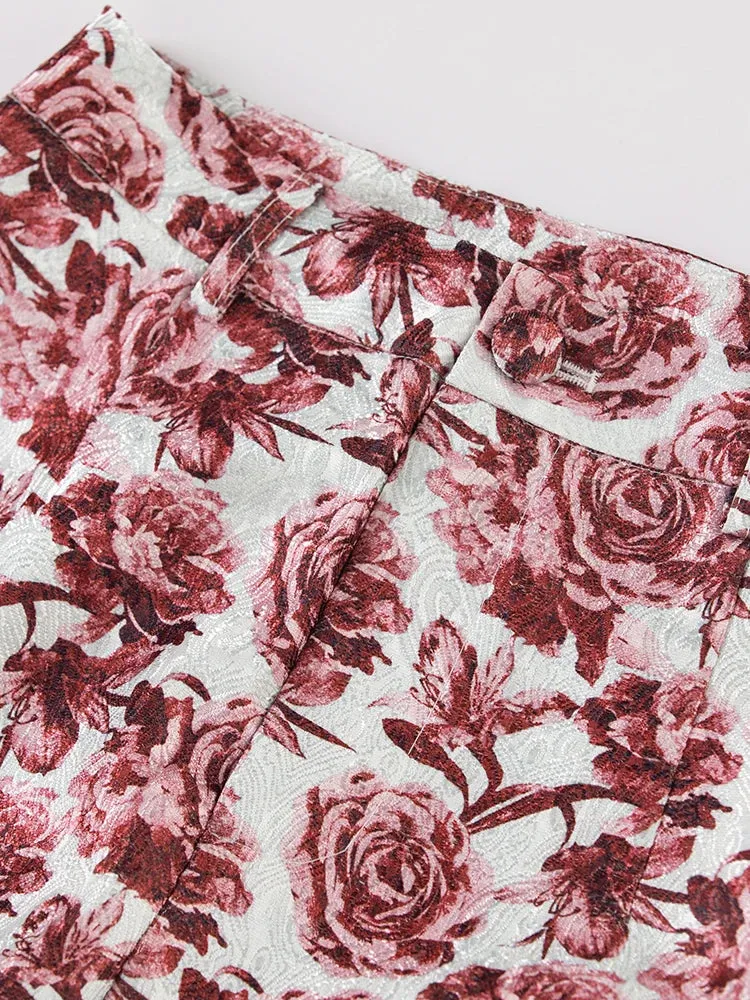 Luna Notched Long Sleeve Coat   Flare Pants Rose Print Office Lady 2 piece Set