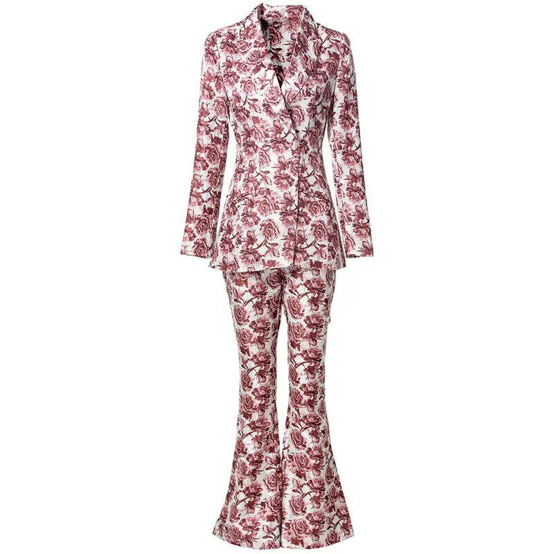 Luna Notched Long Sleeve Coat   Flare Pants Rose Print Office Lady 2 piece Set