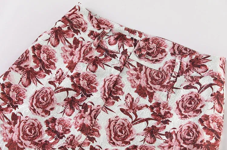 Luna Notched Long Sleeve Coat   Flare Pants Rose Print Office Lady 2 piece Set