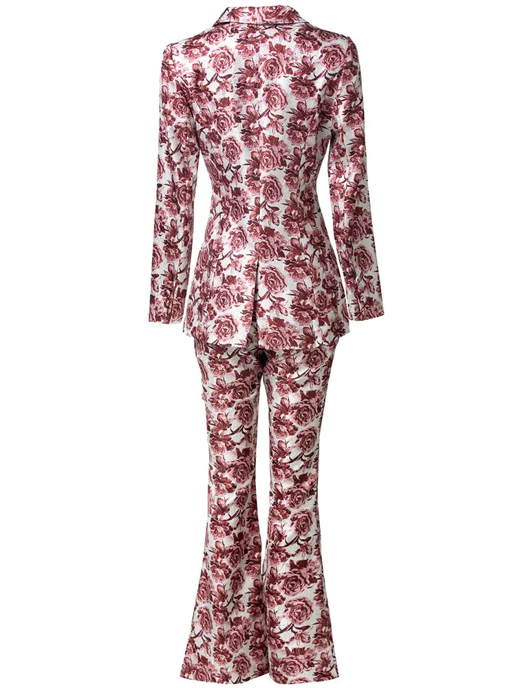 Luna Notched Long Sleeve Coat   Flare Pants Rose Print Office Lady 2 piece Set
