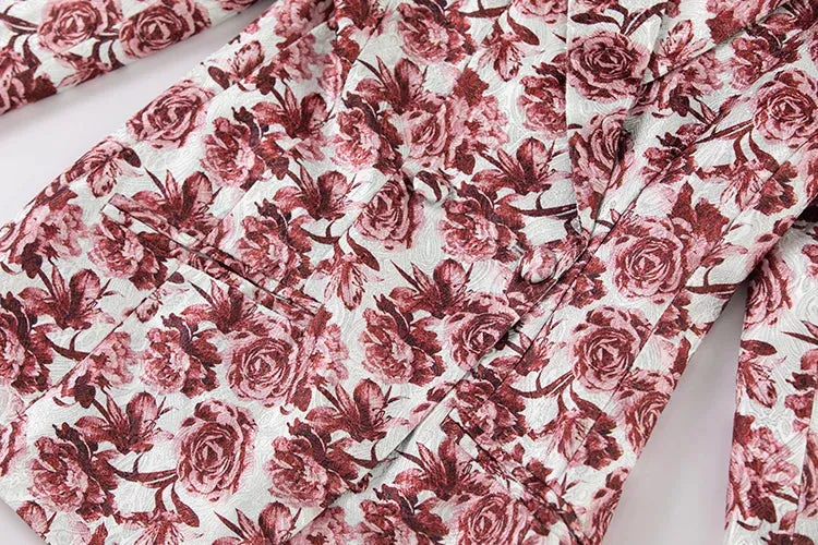 Luna Notched Long Sleeve Coat   Flare Pants Rose Print Office Lady 2 piece Set