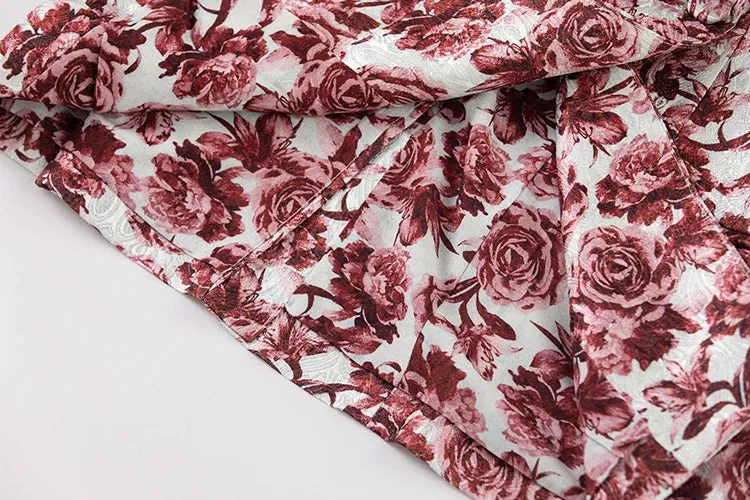 Luna Notched Long Sleeve Coat   Flare Pants Rose Print Office Lady 2 piece Set